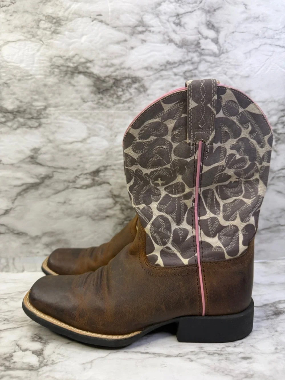 Ariat Brown Leather Cowgirl Boots with Pink & Cream Patterned Shaft size 1